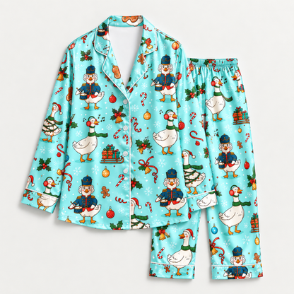 PJ-M2087-Christmas Goose Satin Pajama Set with Nutcracker Geese Candy Canes Gifts Holly and Festive Holiday Pattern for Cozy Sleepwear