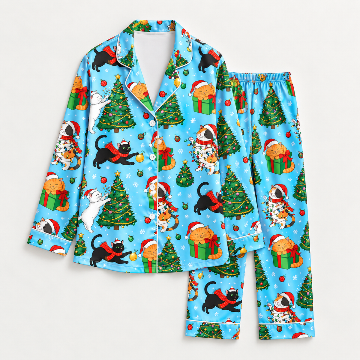 PJ-M2088-Christmas Cat Satin Pajama Set with Festive Cats Santa Hats Christmas Trees Gifts Ornaments and Playful Holiday Pattern for Cozy Sleepwear