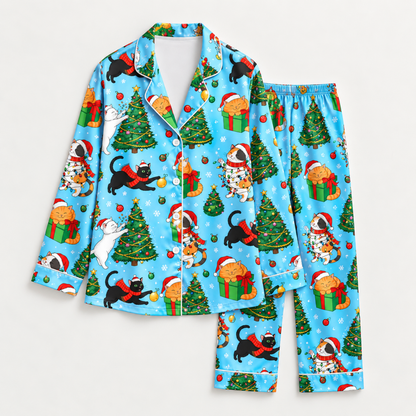 PJ-M2088-Christmas Cat Satin Pajama Set with Festive Cats Santa Hats Christmas Trees Gifts Ornaments and Playful Holiday Pattern for Cozy Sleepwear