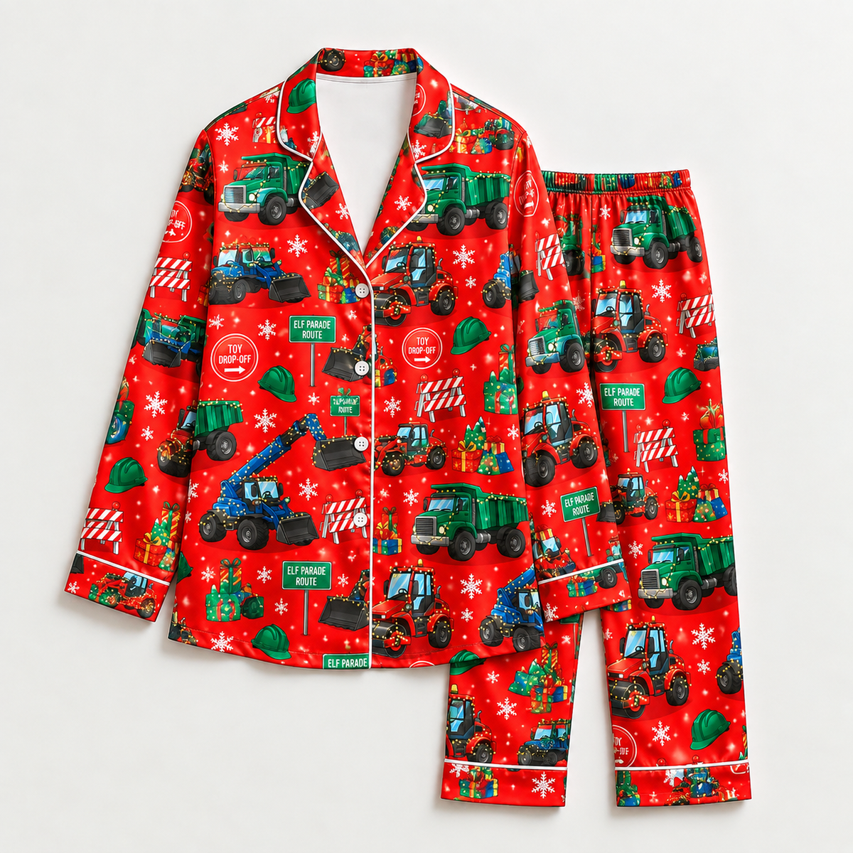 PJ-M2089-Christmas Tractor Satin Pajama Set with Farm Tractors Christmas Trees Snowflakes and Festive Red Holiday Pattern for Cozy Sleepwear