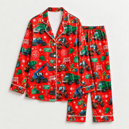 PJ-M2089-Christmas Tractor Satin Pajama Set with Farm Tractors Christmas Trees Snowflakes and Festive Red Holiday Pattern for Cozy Sleepwear