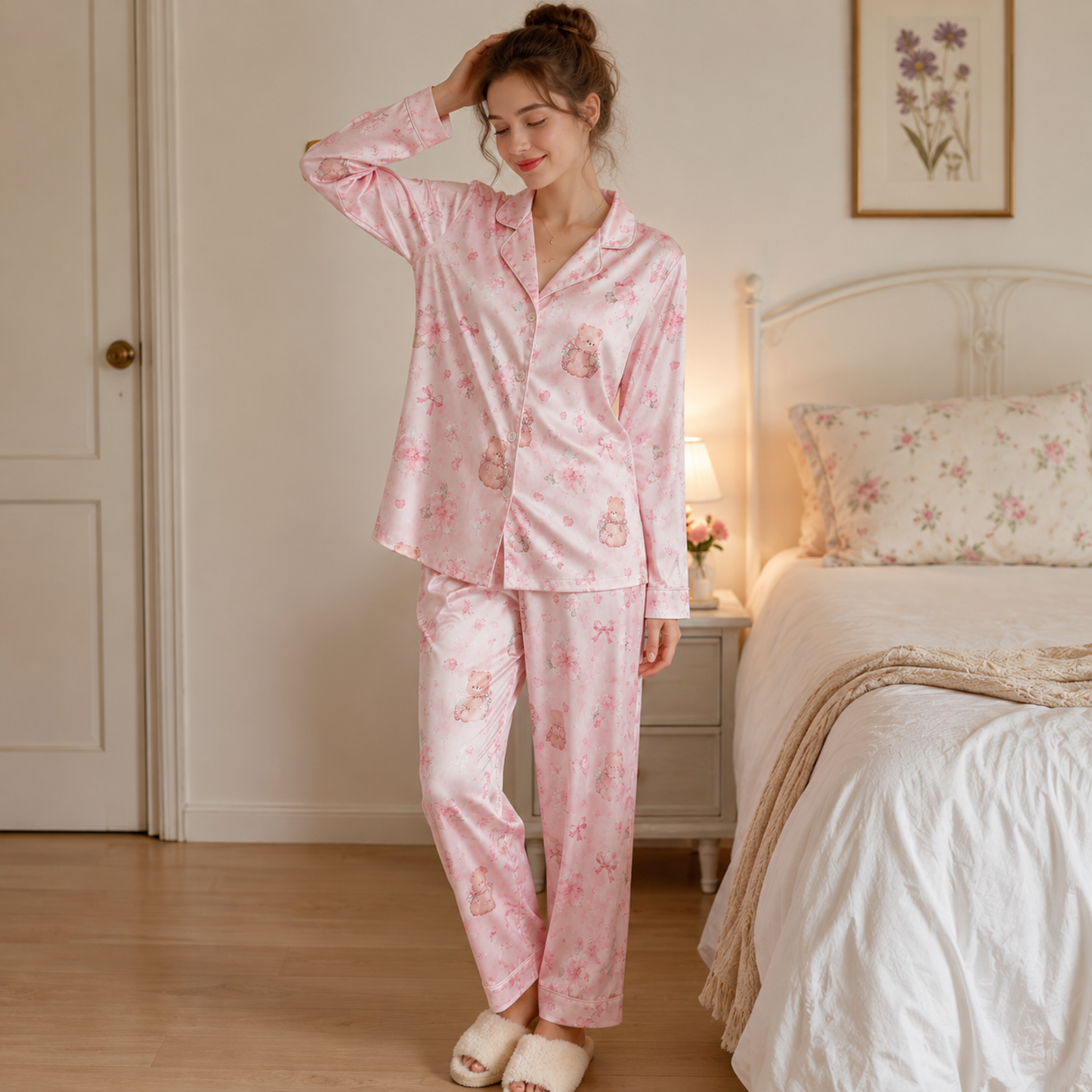 PJ-M209-Teddy Pajama Apparel, Sweet Printed Loungewear Sleepwear Collection Top Bottom Matching Attire