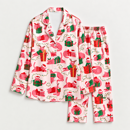 PJ-M2093-Christmas Cat Satin Pajama Set with Festive Cats Reindeer Gifts Bows Holiday Lights and Playful Pink Christmas Pattern for Cozy Sleepwear