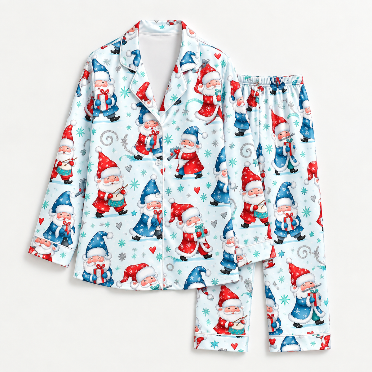 PJ-M2094-Christmas Gnome Satin Pajama Set with Red Blue Winter Gnomes Snowflakes Hearts and Whimsical Holiday Pattern