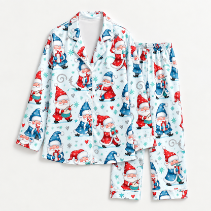 PJ-M2094-Christmas Gnome Satin Pajama Set with Red Blue Winter Gnomes Snowflakes Hearts and Whimsical Holiday Pattern