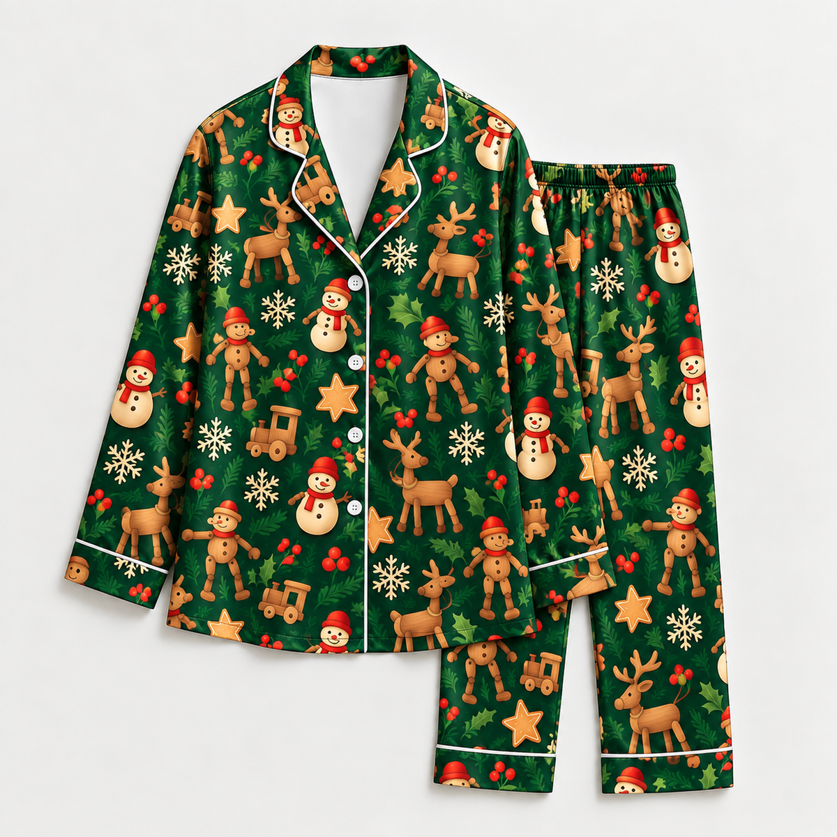 PJ-M2096-Gingerbread Christmas Satin Pajama Set with Reindeer Snowmen Holly Snowflakes Cookies and Festive Holiday Pattern