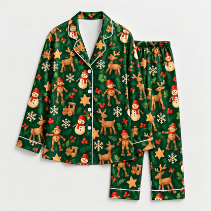 PJ-M2096-Gingerbread Christmas Satin Pajama Set with Reindeer Snowmen Holly Snowflakes Cookies and Festive Holiday Pattern