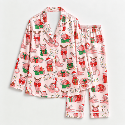 PJ-M2099-Christmas Cat Satin Pajama Set with Santa Hats Reindeer Antlers Gifts Holiday Lights and Festive Pink Pattern