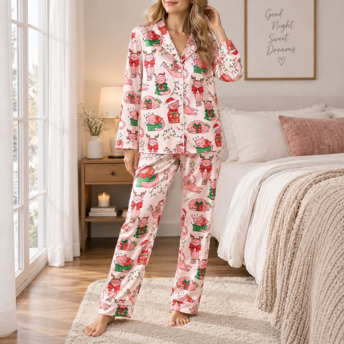 PJ-M2099-Christmas Cat Satin Pajama Set with Santa Hats Reindeer Antlers Gifts Holiday Lights and Festive Pink Pattern