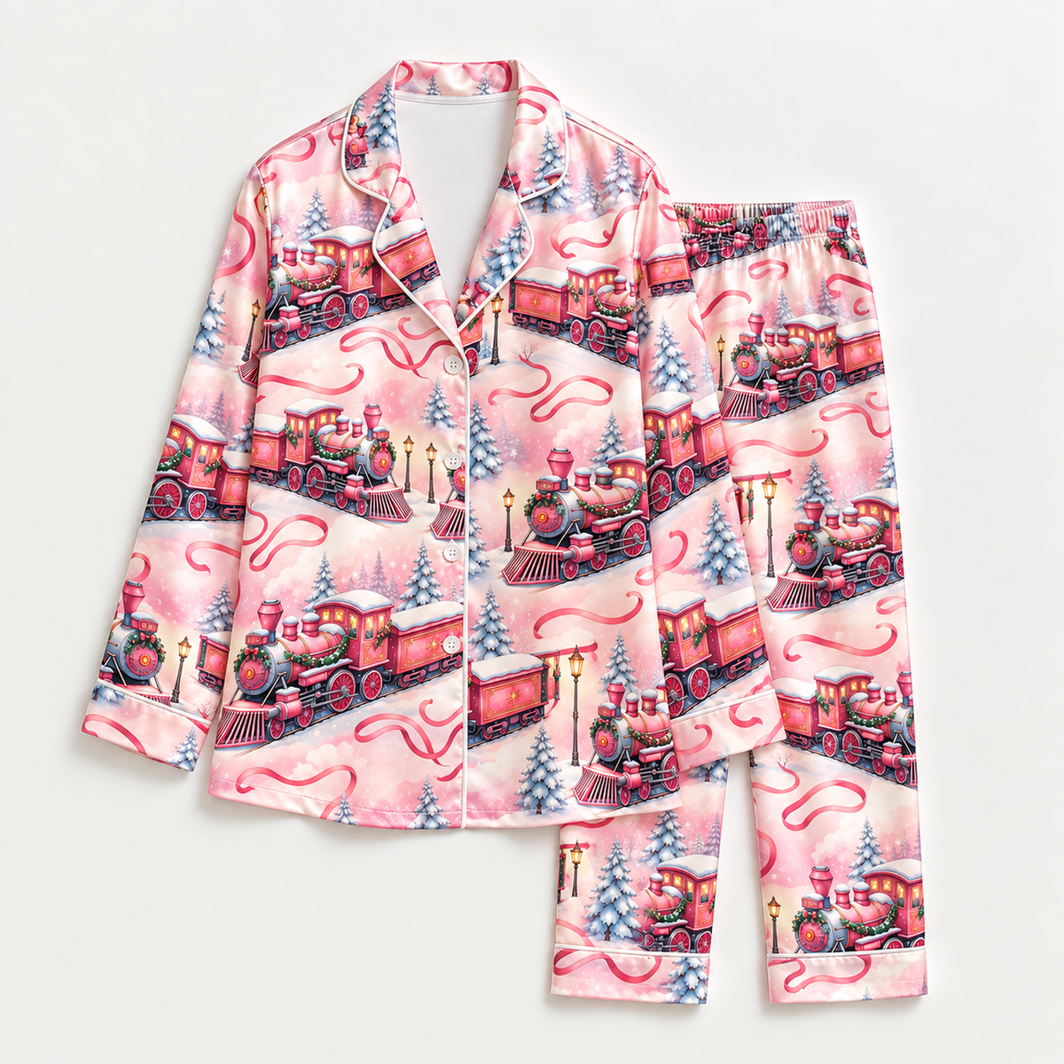 PJ-M2103-Christmas Train Satin Pajama Set with Vintage Locomotives Snowy Pine Trees Street Lamps and Festive Winter Holiday Pattern