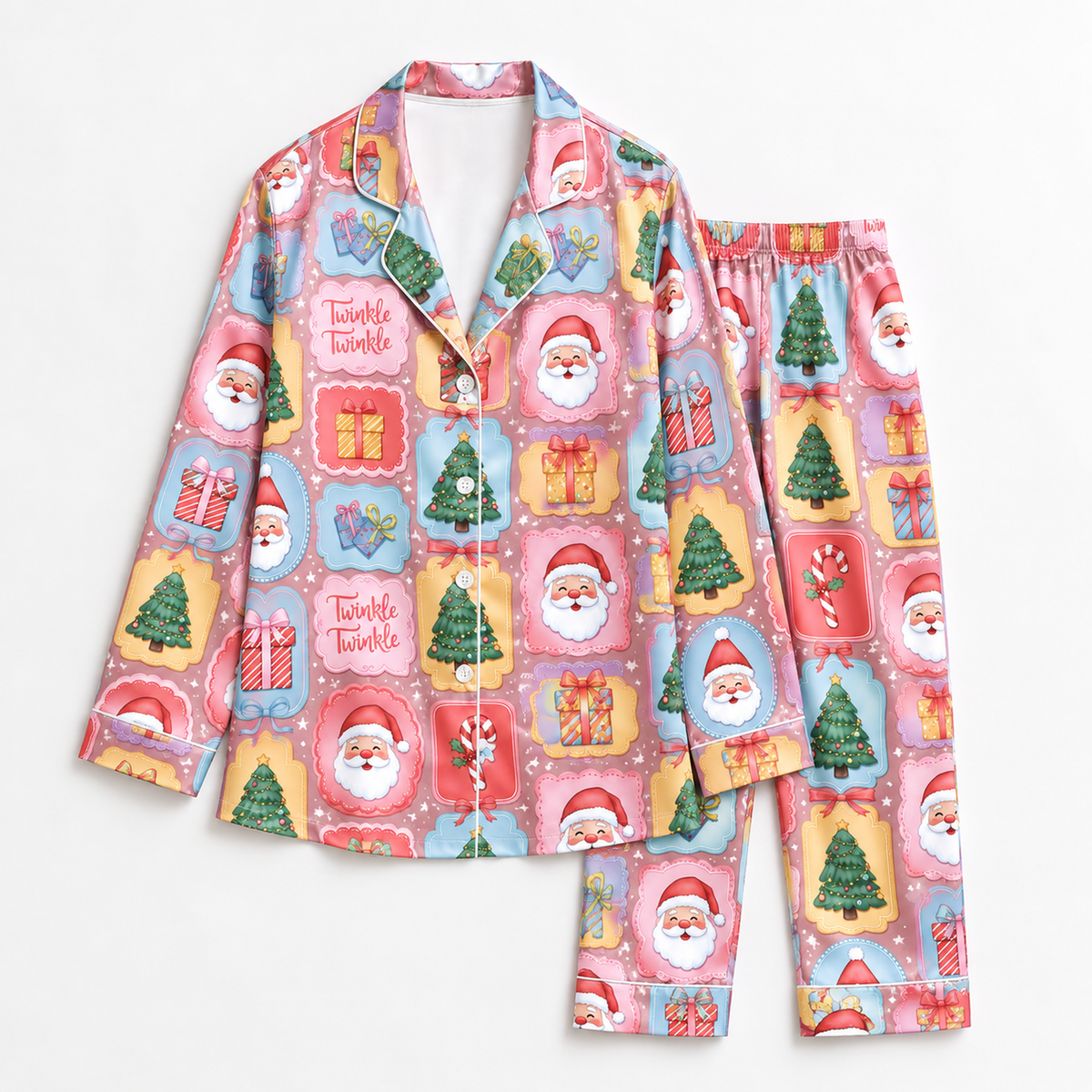 PJ-M2108-Pink Santa Christmas Satin Pajama Set with Gifts Christmas Trees Candy Canes and Twinkle Twinkle Festive Holiday Pattern