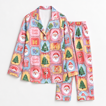 PJ-M2108-Pink Santa Christmas Satin Pajama Set with Gifts Christmas Trees Candy Canes and Twinkle Twinkle Festive Holiday Pattern