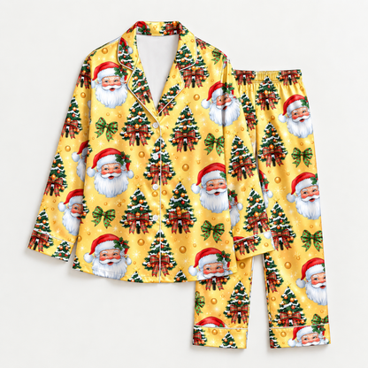 PJ-M2109-Santa Christmas Satin Pajama Set with Christmas Trees Tartan Bows Ornaments and Festive Golden Holiday Pattern