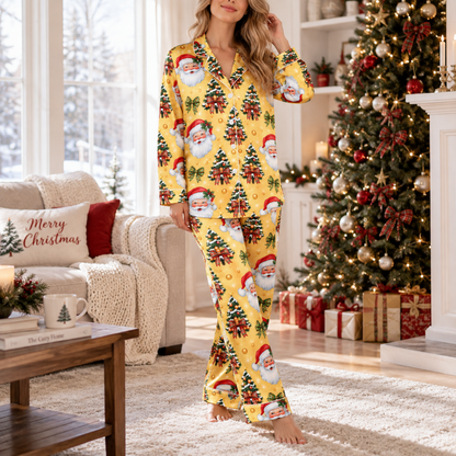 PJ-M2109-Santa Christmas Satin Pajama Set with Christmas Trees Tartan Bows Ornaments and Festive Golden Holiday Pattern