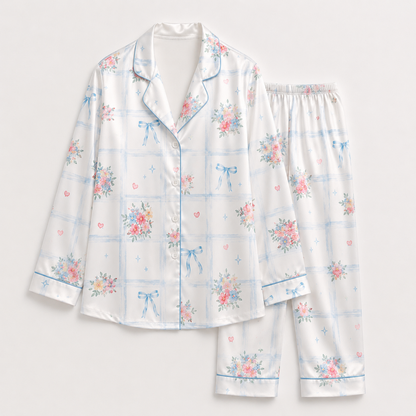 PJ-M211-Tropical Bow Satin Pajama Set, Pink Blue Floral Stripe Two Piece Button Up Lounge Sleepwear