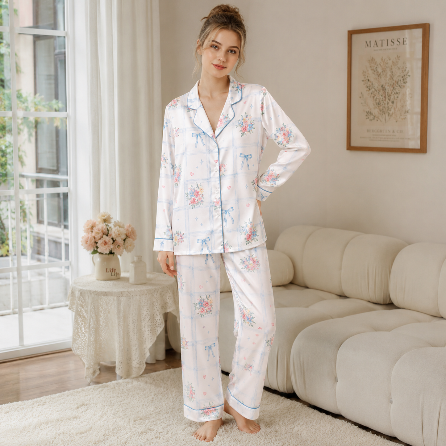 PJ-M211-Tropical Bow Satin Pajama Set, Pink Blue Floral Stripe Two Piece Button Up Lounge Sleepwear