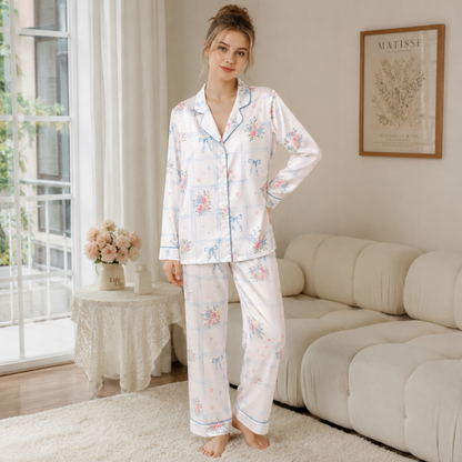 PJ-M211-Tropical Bow Satin Pajama Set, Pink Blue Floral Stripe Two Piece Button Up Lounge Sleepwear