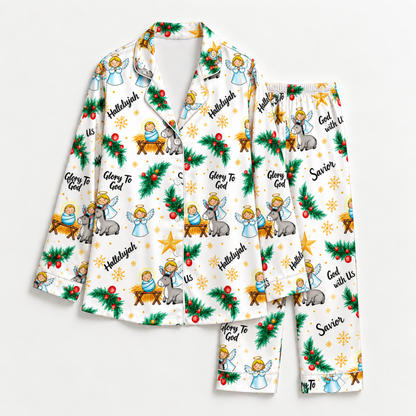 PJ-M2111-Christian Nativity Christmas Satin Pajama Set with Baby Jesus Angels Holly Stars and Faith Inspired Holiday Pattern