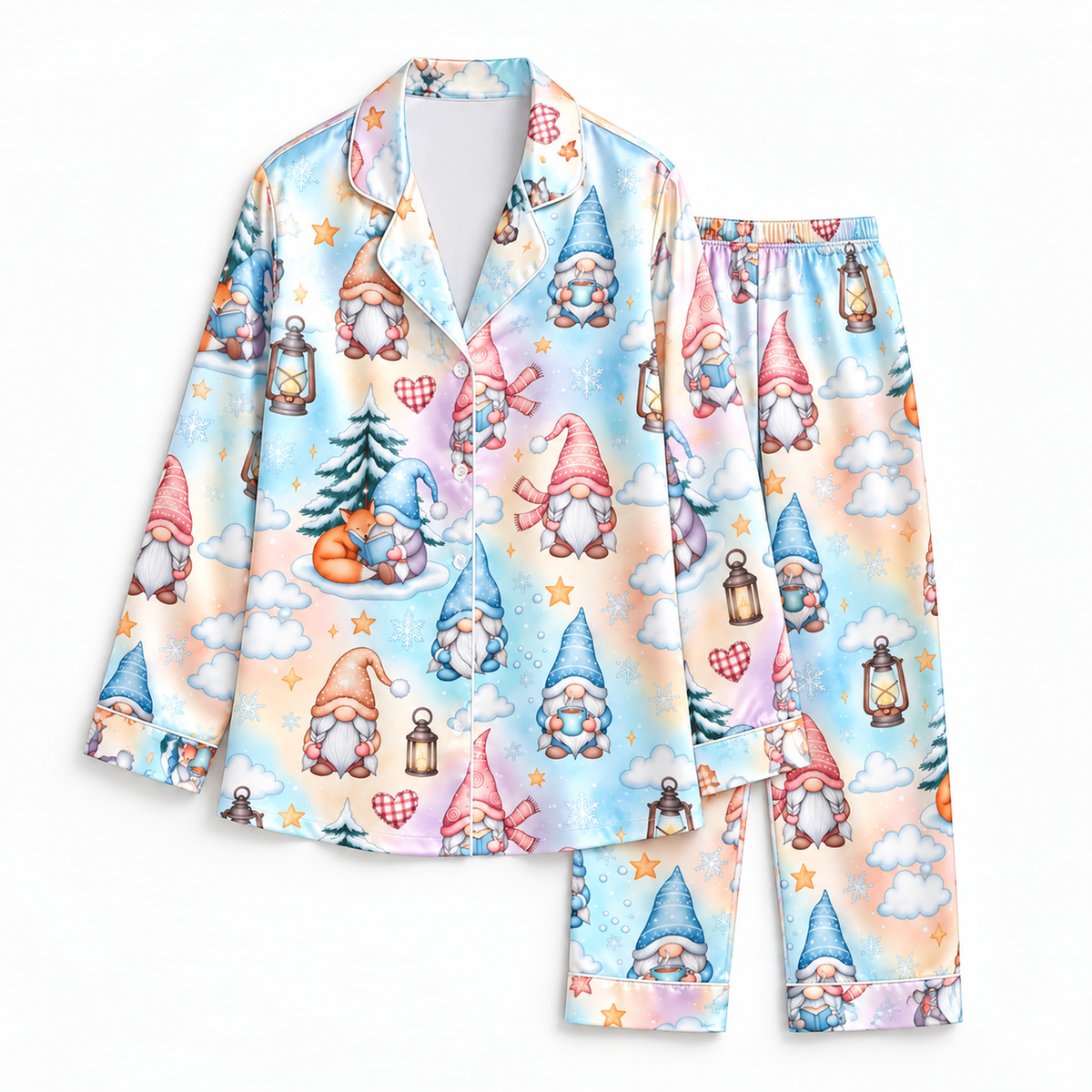 PJ-M2112-Christmas Gnome Satin Pajama Set with Winter Gnomes Pine Trees Lanterns Hearts and Whimsical Snowy Holiday Pattern