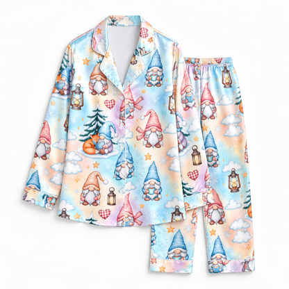 PJ-M2112-Christmas Gnome Satin Pajama Set with Winter Gnomes Pine Trees Lanterns Hearts and Whimsical Snowy Holiday Pattern