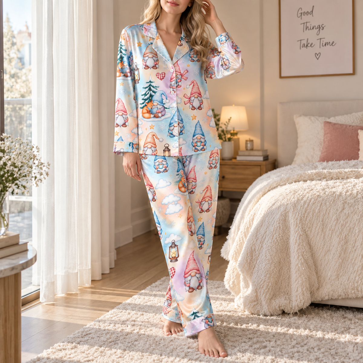 PJ-M2112-Christmas Gnome Satin Pajama Set with Winter Gnomes Pine Trees Lanterns Hearts and Whimsical Snowy Holiday Pattern