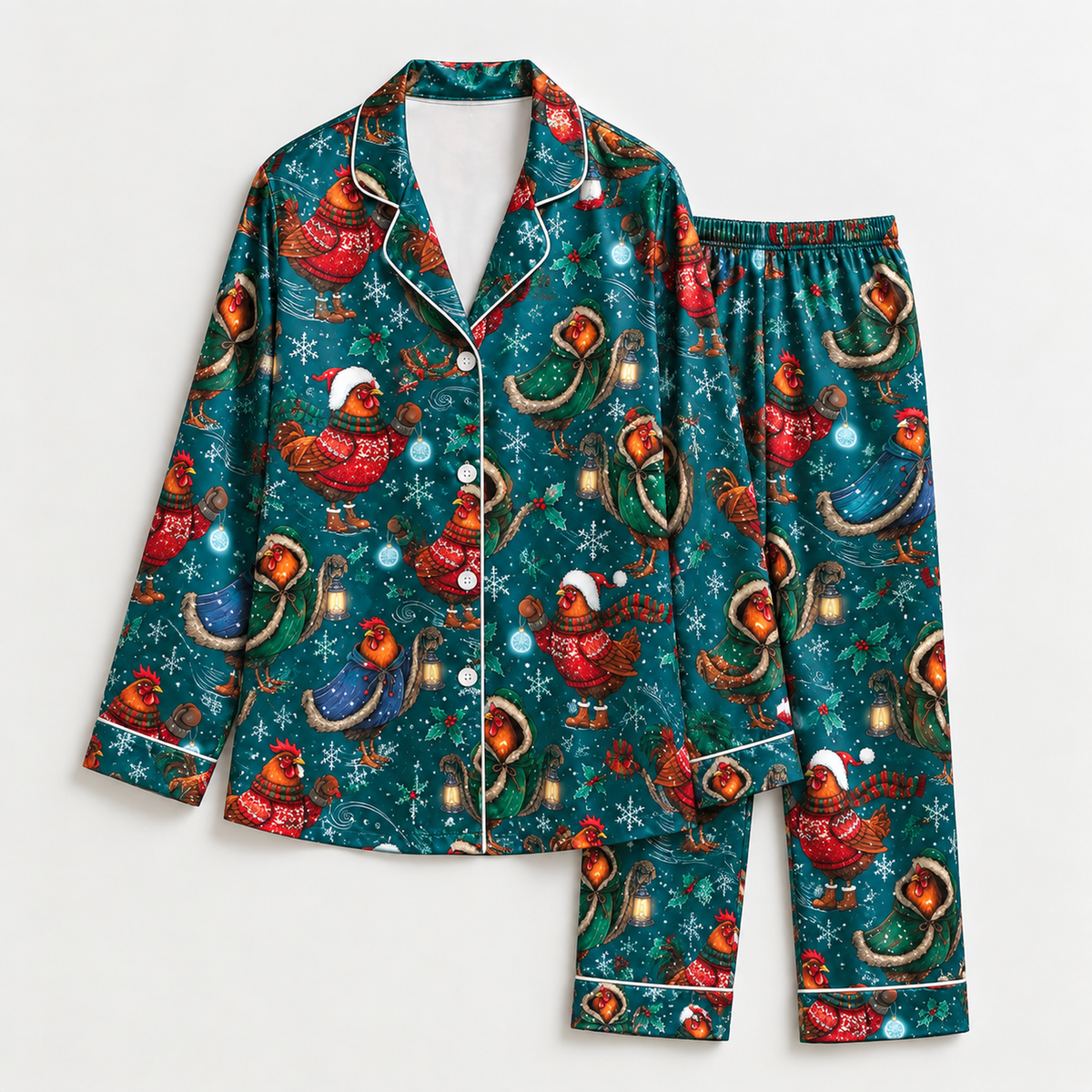 PJ-M2113-Christmas Chicken Satin Pajama Set with Festive Hens Santa Hats Ornaments Pine Branches and Cozy Winter Holiday Pattern