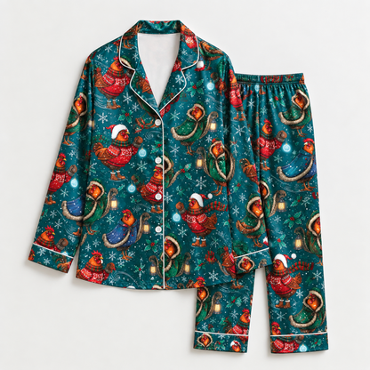 PJ-M2113-Christmas Chicken Satin Pajama Set with Festive Hens Santa Hats Ornaments Pine Branches and Cozy Winter Holiday Pattern