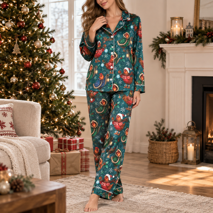 PJ-M2113-Christmas Chicken Satin Pajama Set with Festive Hens Santa Hats Ornaments Pine Branches and Cozy Winter Holiday Pattern
