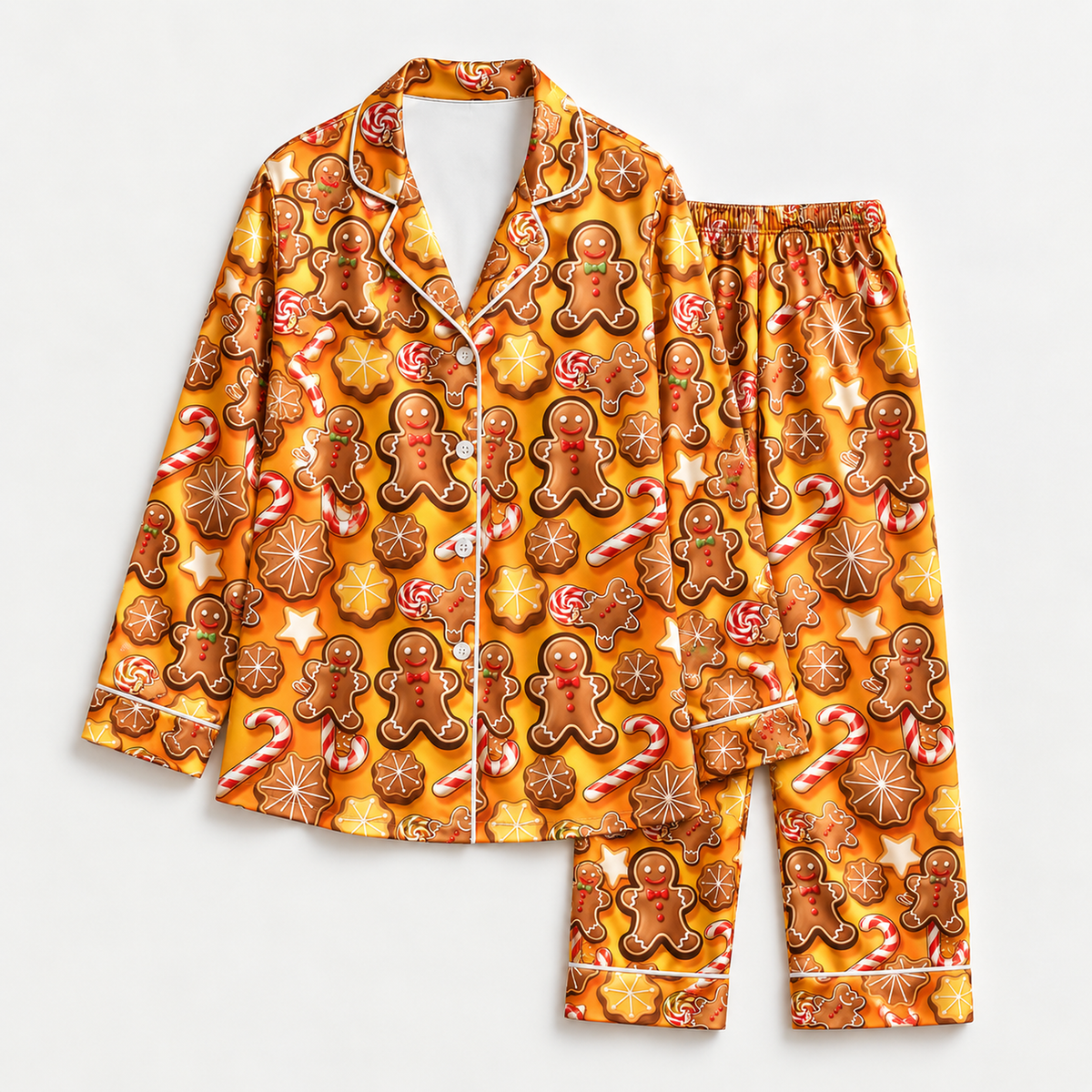 PJ-M2114-Gingerbread Christmas Satin Pajama Set with Cookies Candy Canes Peppermints Stars and Festive Holiday Pattern