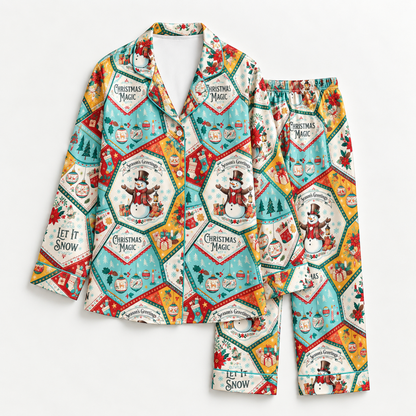 PJ-M2115-Christmas Magic Satin Pajama Set with Snowmen Gifts Trees Snowflakes and Vintage Holiday Patchwork Pattern
