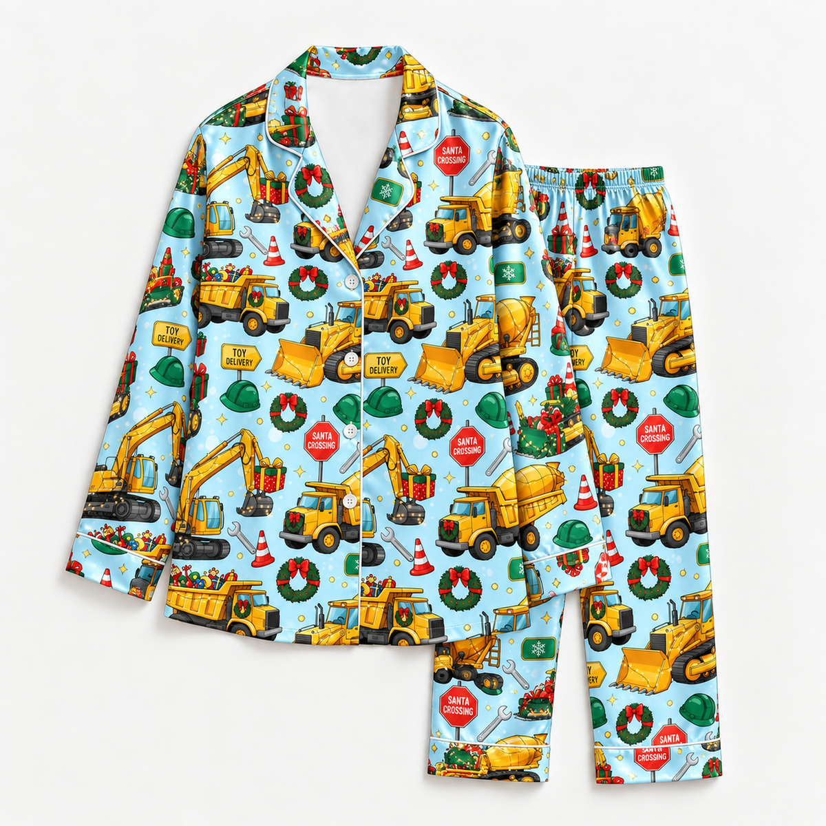 PJ-M2116-Construction Christmas Satin Pajama Set with Excavators Dump Trucks Gifts Wreaths and Festive Holiday Pattern