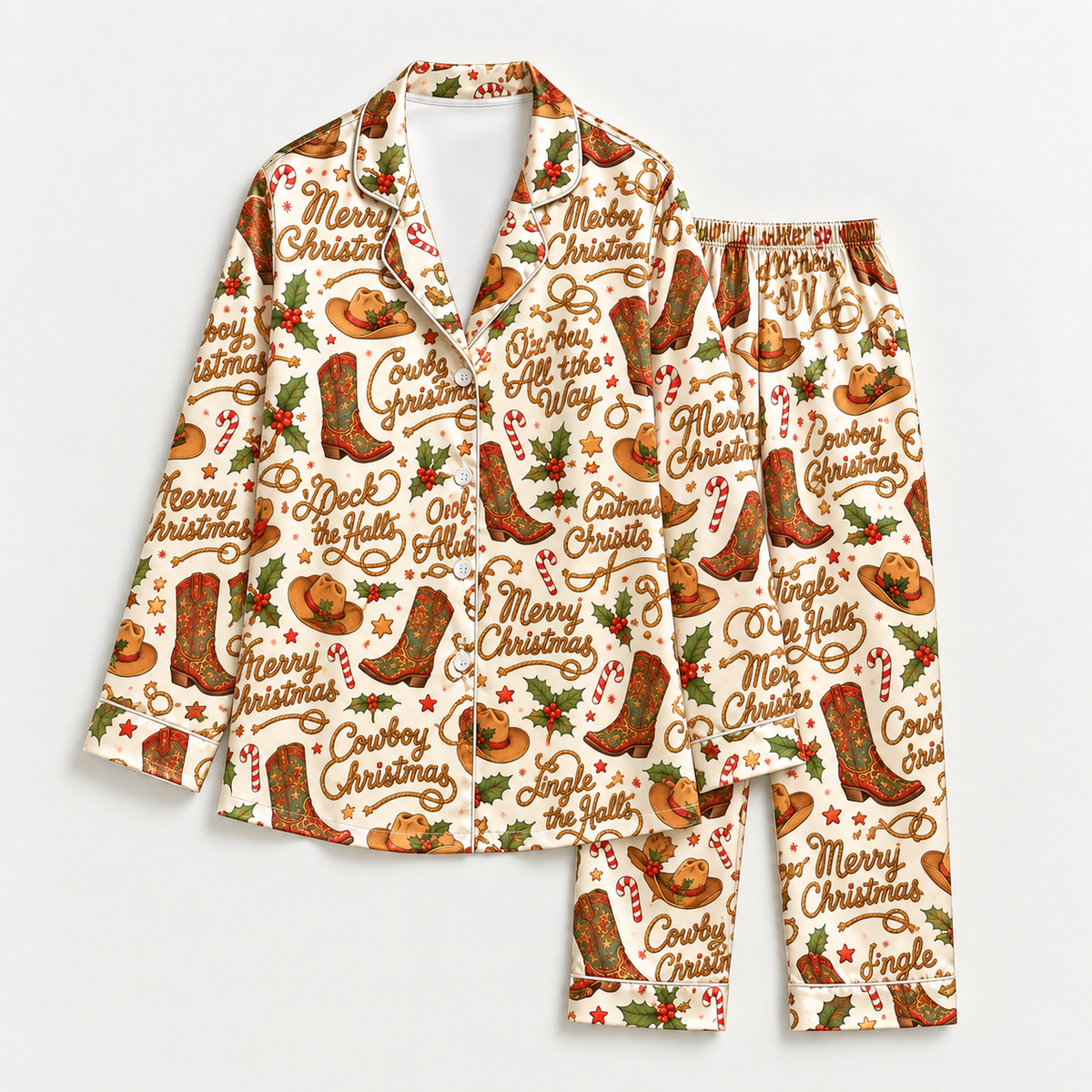 PJ-M2119-Cowboy Christmas Satin Pajama Set with Western Boots Cowboy Hats Horseshoes Holly and Festive Holiday Pattern