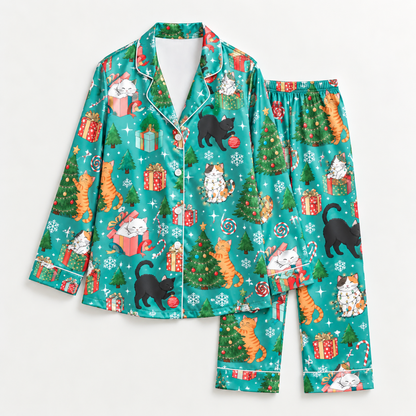 PJ-M2121-Christmas Cat Satin Pajama Set with Festive Cats Christmas Trees Gifts Ornaments Snowflakes and Holiday Pattern