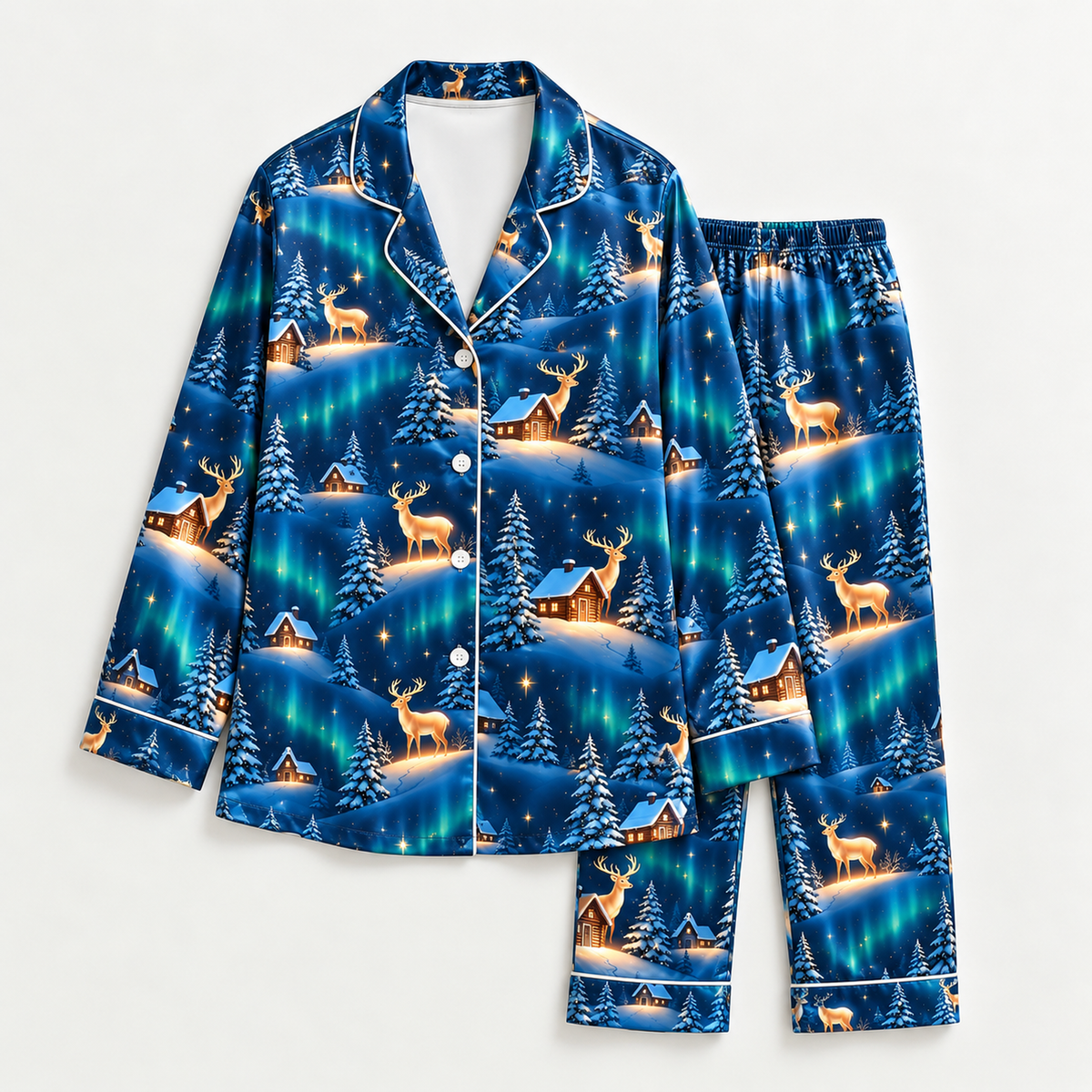 PJ-M2122-Northern Lights Reindeer Satin Pajama Set, Aurora Borealis Winter Pajamas, Snowy Cabin Pine Tree Holiday Sleepwear