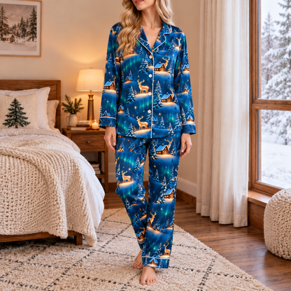 PJ-M2122-Northern Lights Reindeer Satin Pajama Set, Aurora Borealis Winter Pajamas, Snowy Cabin Pine Tree Holiday Sleepwear
