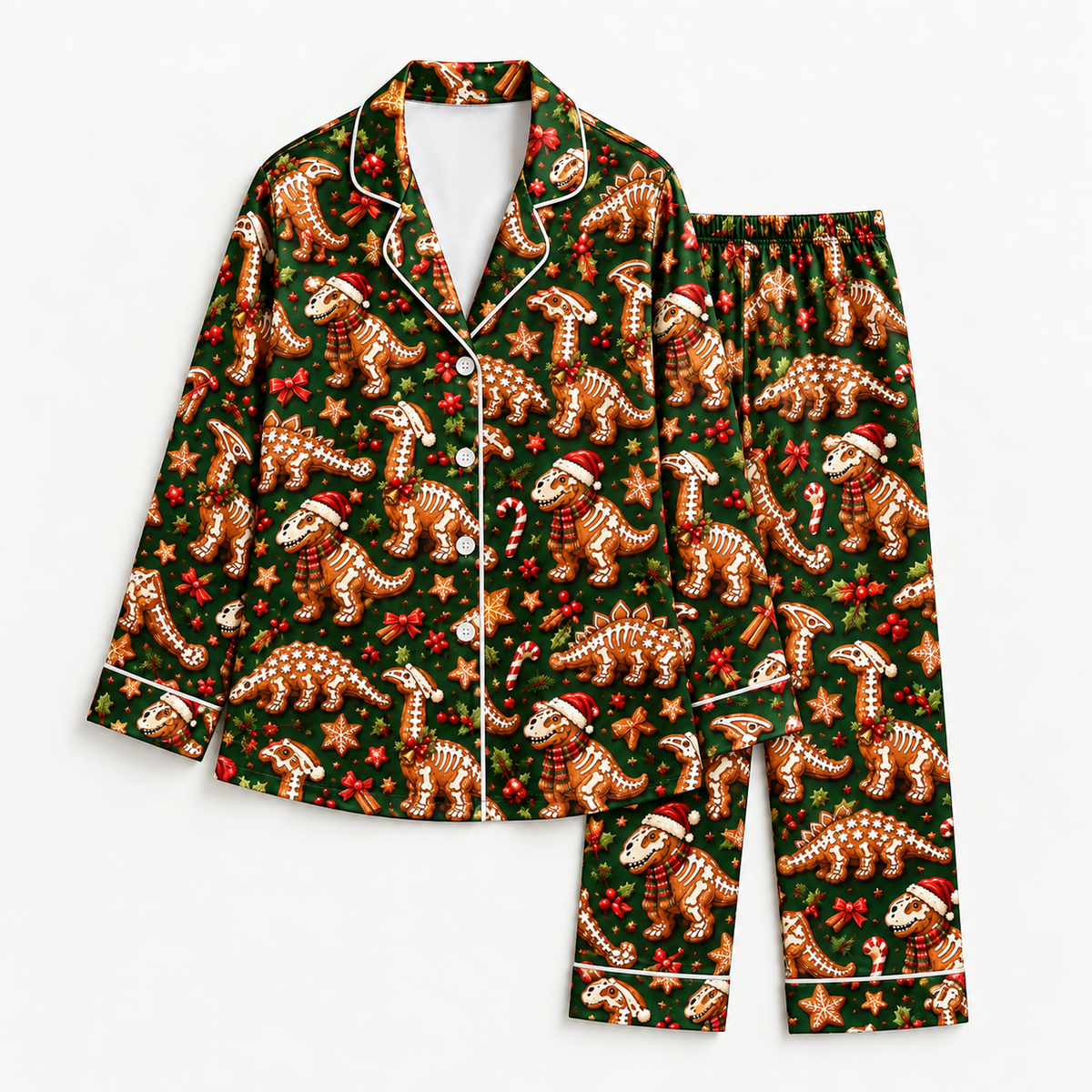 PJ-M2123-Christmas Dinosaur Satin Pajama Set, Gingerbread Dinosaur Santa Hat Pajamas, Candy Cane Festive Holiday Sleepwear