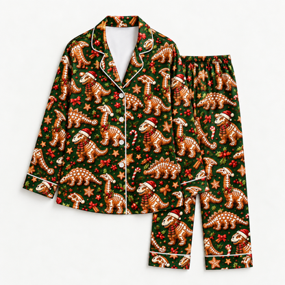 PJ-M2123-Christmas Dinosaur Satin Pajama Set, Gingerbread Dinosaur Santa Hat Pajamas, Candy Cane Festive Holiday Sleepwear