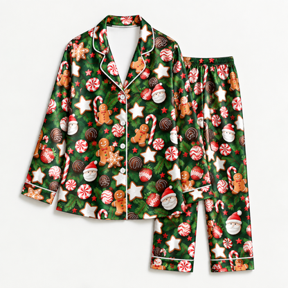 PJ-M2124-Gingerbread Christmas Satin Pajama Set, Santa Candy Cane Peppermint Cookie Pajamas, Festive Holiday Star Sleepwear