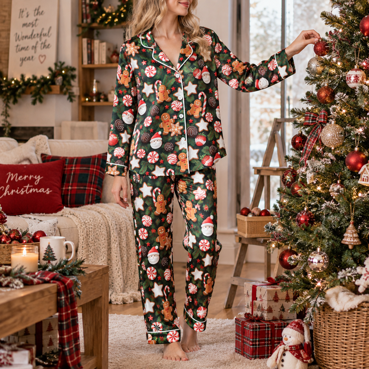 PJ-M2124-Gingerbread Christmas Satin Pajama Set, Santa Candy Cane Peppermint Cookie Pajamas, Festive Holiday Star Sleepwear