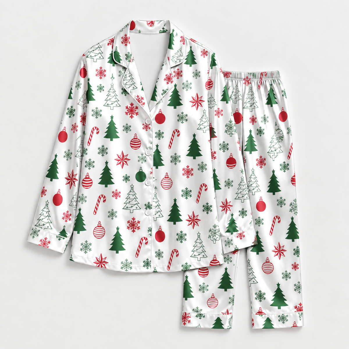 PJ-M2126-Christmas Satin Pajama Set with Christmas Trees Ornaments Candy Canes Snowflakes and Festive Holiday Pattern
