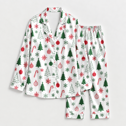 PJ-M2126-Christmas Satin Pajama Set with Christmas Trees Ornaments Candy Canes Snowflakes and Festive Holiday Pattern