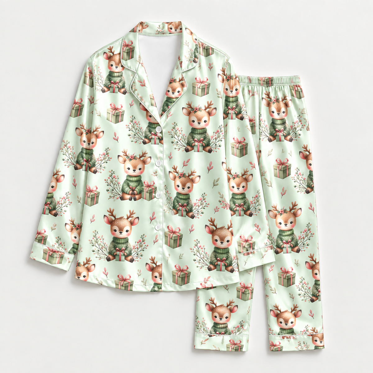 PJ-M2127-Christmas Reindeer Satin Pajama Set with Gifts Winter Greenery Bows and Whimsical Festive Holiday Pattern