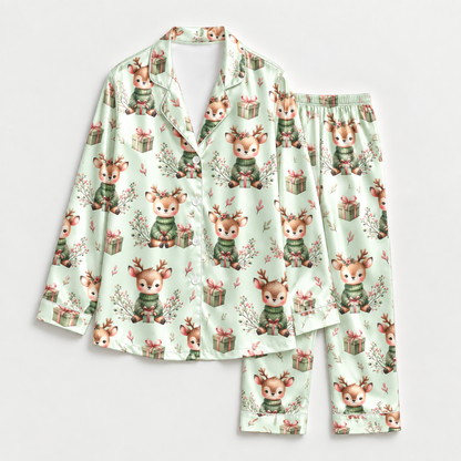 PJ-M2127-Christmas Reindeer Satin Pajama Set with Gifts Winter Greenery Bows and Whimsical Festive Holiday Pattern