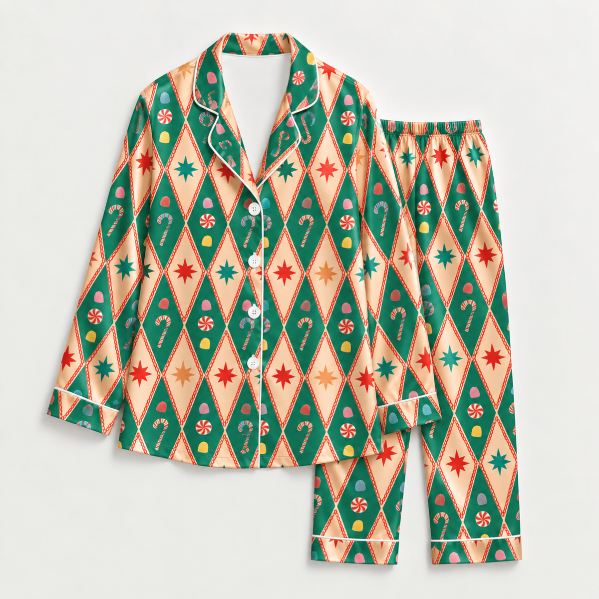 PJ-M2128-Retro Christmas Satin Pajama Set with Diamond Stars Candy Canes Ornaments and Festive Green Holiday Pattern