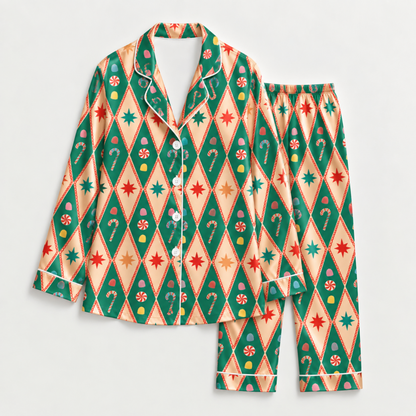 PJ-M2128-Retro Christmas Satin Pajama Set with Diamond Stars Candy Canes Ornaments and Festive Green Holiday Pattern