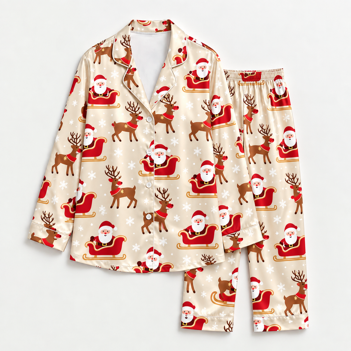 PJ-M2129-Santa Christmas Satin Pajama Set with Reindeer Sleigh Snowflakes and Festive Holiday Pattern