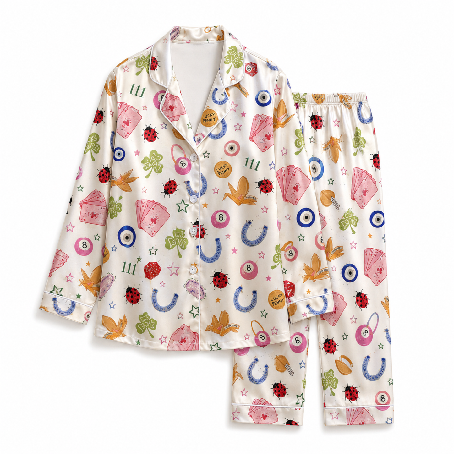 PJ-M213-White Fabric Aesthetic Pajama Apparel, Whimsical Symbol Graphic Loungewear Sleepwear Collection Top Bottom Raiment