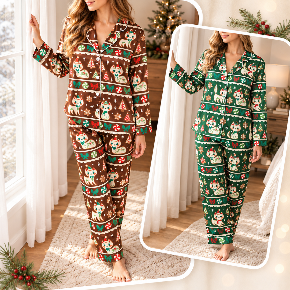 PJ-M2130-Christmas Cat Satin Pajama Set in Brown or Green with Candy Canes Bows Gingerbread Snowflakes and Festive Holiday Pattern