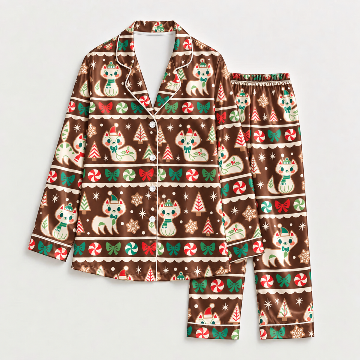 PJ-M2130-Christmas Cat Satin Pajama Set in Brown or Green with Candy Canes Bows Gingerbread Snowflakes and Festive Holiday Pattern