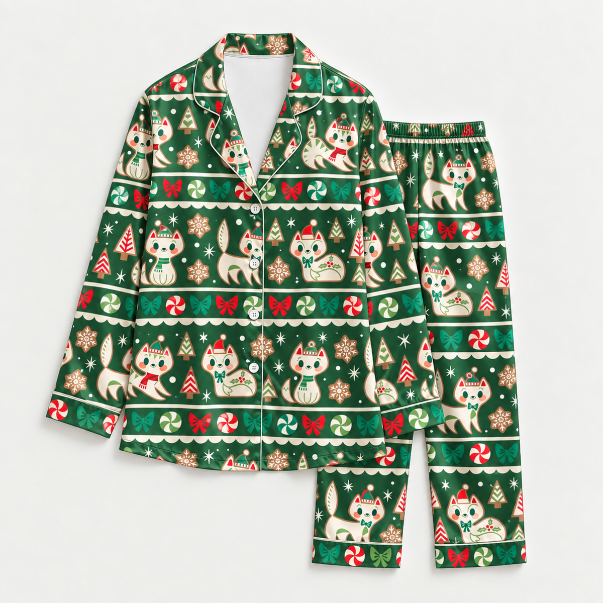 PJ-M2130-Christmas Cat Satin Pajama Set in Brown or Green with Candy Canes Bows Gingerbread Snowflakes and Festive Holiday Pattern